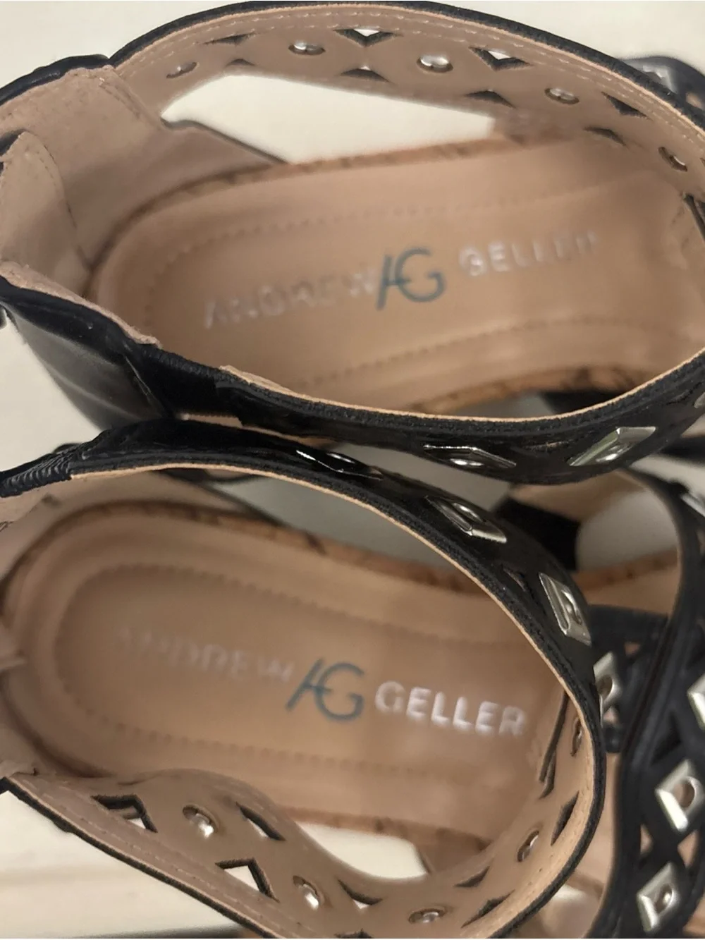 Black Studded T-Strap Cork Sandals Andrew Gellar Size 6